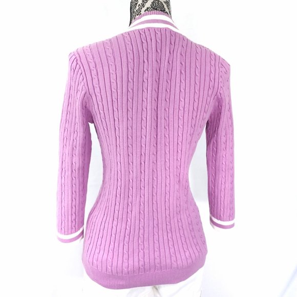 CHAPS CLASSICS Preppy V Neck Stripe Cable Knit Cotton Sweater M - Picture 4 of 4